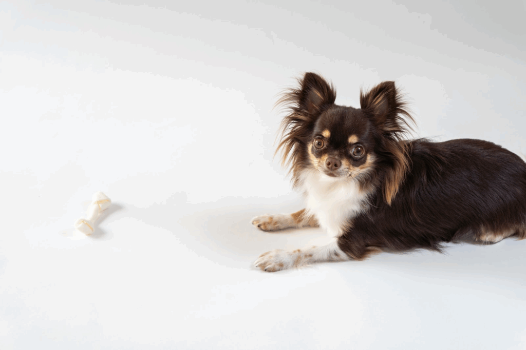 骨のおやつを前にしてこちらを見るチワワ