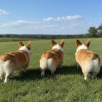 並んで後ろを向く3匹のコーギー